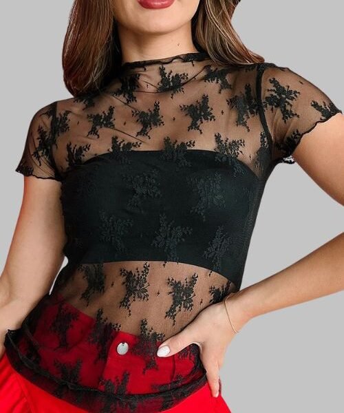 mock neck lace tops for women, slim fit lace fashion top, semi-sheer lace sleeve top, breathable lace mock neck top