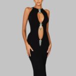 black hollow out maxi dress, pearl tassel bodycon dress, sleeveless club dress for women, high waist black party dress