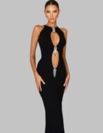 black hollow out maxi dress, pearl tassel bodycon dress, sleeveless club dress for women, high waist black party dress