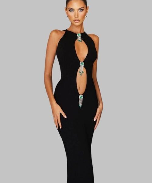 black hollow out maxi dress, pearl tassel bodycon dress, sleeveless club dress for women, high waist black party dress
