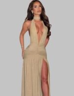 glitter deep v neck maxi dress, sparkle halter backless dress for women, sleeveless split club dress, long glitter party dress, deep v neck evening gown
