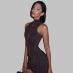 mini dress plunging neckline, bodycon mini dress for women, sleeveless deep v mini dress, fitted party dress with low neckline