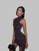 mini dress plunging neckline, bodycon mini dress for women, sleeveless deep v mini dress, fitted party dress with low neckline