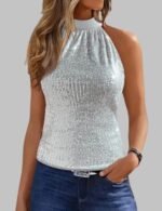 Sequin Mock Neck Top for parties, Women's glitter going out outfit, Shiny evening sequin top, Chic women’s night out sequin wear