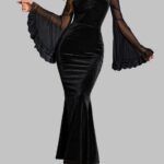 gothic trumpet dress for women, black velvet gothic evening dress, punk flare sleeve mesh dress, ruched mesh gothic gown