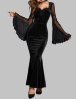 gothic trumpet dress for women, black velvet gothic evening dress, punk flare sleeve mesh dress, ruched mesh gothic gown