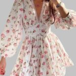 Women’s floral print mini dress, high waist A-line dress, summer long sleeve dress, autumn V neck dress, vintage casual dress, beach vacation dress