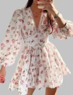 Women’s floral print mini dress, high waist A-line dress, summer long sleeve dress, autumn V neck dress, vintage casual dress, beach vacation dress