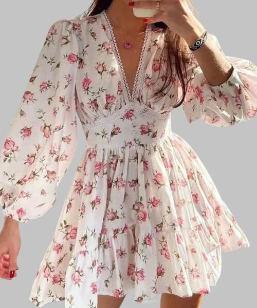 Women’s floral print mini dress, high waist A-line dress, summer long sleeve dress, autumn V neck dress, vintage casual dress, beach vacation dress
