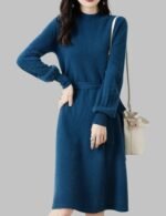 women’s mock neck sweater dress, long knit pullover dress, autumn winter wool dress, puff sleeve sweater dress