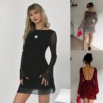 long sleeve mini dress, backless leopard print dress, women’s evening dress, autumn winter dress, fitted leopard print dress