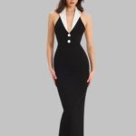 halter backless maxi dress for women, sleeveless bodycon club dress, plunging neck party dress, formal night out dress for women
