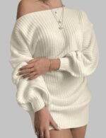 off shoulder sweater dress, women’s knitted dress, long sleeve casual dress, fall winter dress, mid-length knitted dress