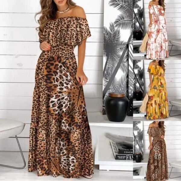 ruffle maxi dress, leopard print ruffle maxi dress, strapless ruffle maxi dress, bohemian summer maxi dress, long leopard robe dress