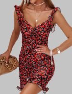 sleeveless mini dress with floral print, women’s summer v-neck mini dress, ruffle edge sleeveless dress, wrap hip flower mini dress