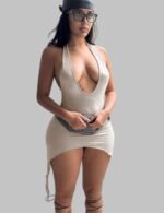 open back mini dress for women, halter backless mini dress, sleeveless bodycon club dress, low neck summer party dress
