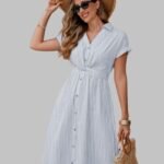 cotton midi dress with knotted waist, button front cotton shirt dress for women, breathable cotton midi dress x-line design