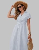 cotton midi dress with knotted waist, button front cotton shirt dress for women, breathable cotton midi dress x-line design