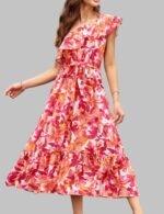 sleeveless midi dress for women, bohemian sleeveless midi dress, ruffle layered sleeveless midi dress, elastic waist sleeveless midi dress