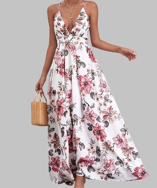 Spaghetti strap maxi dress, backless summer dress, printed long dress for women, elegant evening dress, slim fit maxi dress