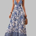 Blue Floral Maxi Dress Women Long Summer