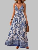 Blue Floral Maxi Dress Women Long Summer