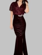 sequin velvet slimming party dress, V neck long sequin dress for women, women's sparkly club dress, formal velvet dress for women