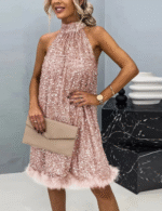 shimmer dress for women, sequin dress women, pink party dress for women, sparkling mini birthday dress, sleeveless a-line party gown