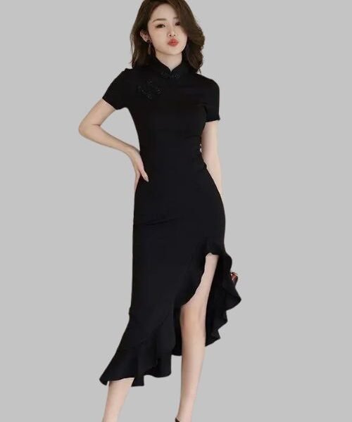 Black Cheongsam Dress - Qipao Fishtail Dress