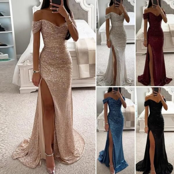 Elegant Off-shoulder Gown Dress, Blue Party Dress, Black Party Dress, Wine Red Party Dress, Silver Party Dress, Champagne Party Dress