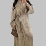 Lace-up kimono maxi dress, women’s long sleeve maxi dress, slanted cross front strap dress, waist cinching robe dress, high slit casual dress