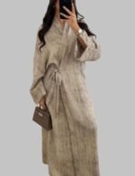 Lace-up kimono maxi dress, women’s long sleeve maxi dress, slanted cross front strap dress, waist cinching robe dress, high slit casual dress