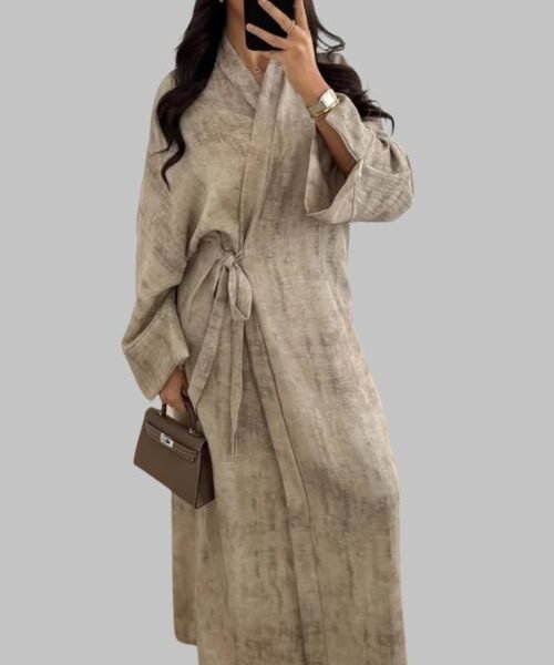 Lace-up kimono maxi dress, women’s long sleeve maxi dress, slanted cross front strap dress, waist cinching robe dress, high slit casual dress