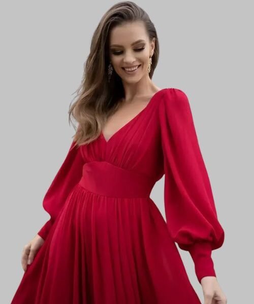 red prom dress for women, elegant red evening gown, long red prom dress with sleeves, red formal dress for party, red v neck prom gown