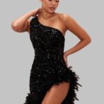 Mini Birthday Dress, Women's Party Dress, Sequin Off-Shoulder Dress, Feather Hem Evening Dress, Sleeveless Celebration Dress