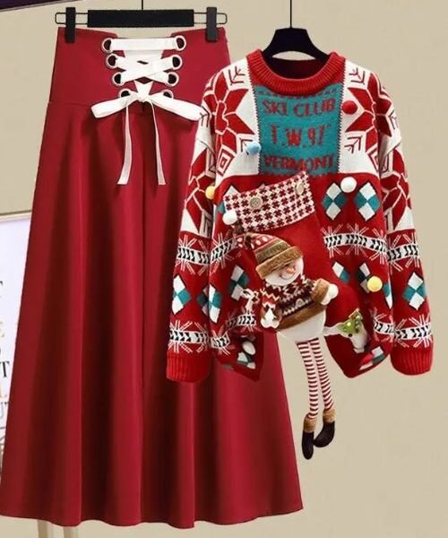 Christmas Sweater Dress women, red sweater dress women, cozy holiday sweater dress, festive winter outfit for women, elegant two-piece dress set