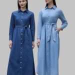 long sleeve denim dress for women, women collar denim dress with belt, casual denim blouse style dress, button down denim dress outfit, ladies denim dress with sleeves