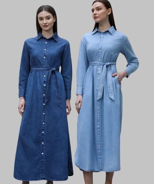long sleeve denim dress for women, women collar denim dress with belt, casual denim blouse style dress, button down denim dress outfit, ladies denim dress with sleeves