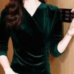velvet v-neck top, long sleeve top, summer velvet top, casual v-neck top