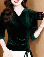 velvet v-neck top, long sleeve top, summer velvet top, casual v-neck top