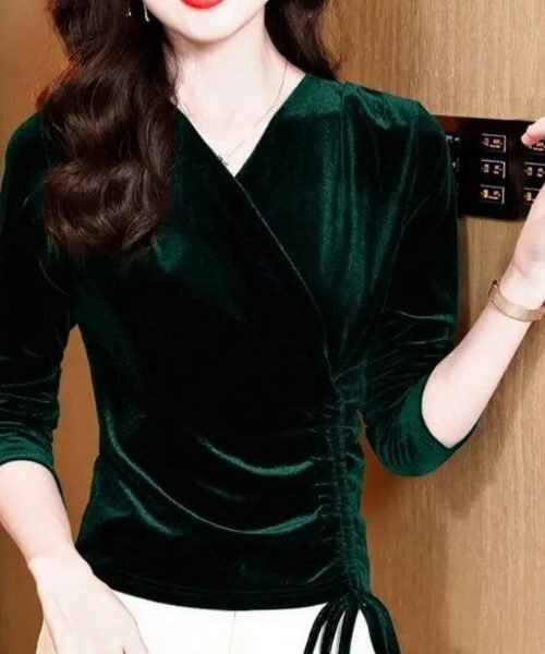 velvet v-neck top, long sleeve top, summer velvet top, casual v-neck top