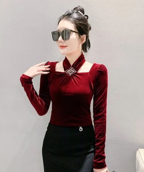 velvet halter top, long sleeve top, slim fit top, pullover top