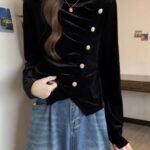 High Neck Button Up Velvet Top for Women
