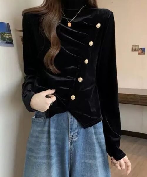 High Neck Button Up Velvet Top for Women