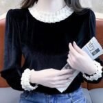 velvet top, lace patchwork top, long sleeve top, stylish velvet lace top, trendy velvet top for women
