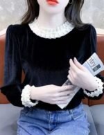 velvet top, lace patchwork top, long sleeve top, stylish velvet lace top, trendy velvet top for women