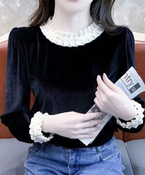 velvet top, lace patchwork top, long sleeve top, stylish velvet lace top, trendy velvet top for women