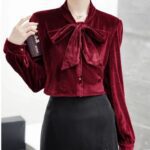 velvet top, red velvet top, bow tie top, long sleeve top, women's western wear