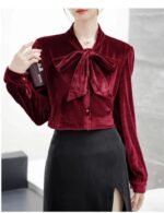 velvet top, red velvet top, bow tie top, long sleeve top, women's western wear