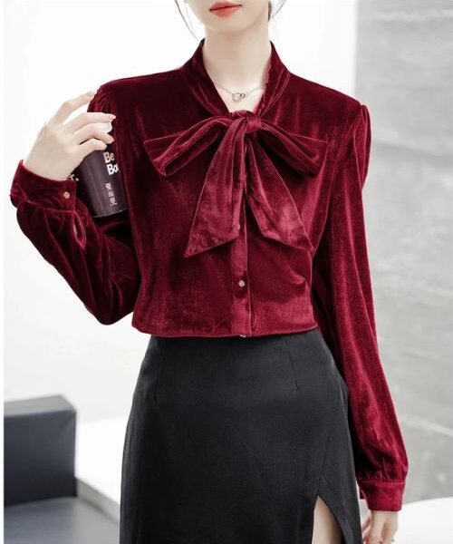 velvet top, red velvet top, bow tie top, long sleeve top, women's western wear
